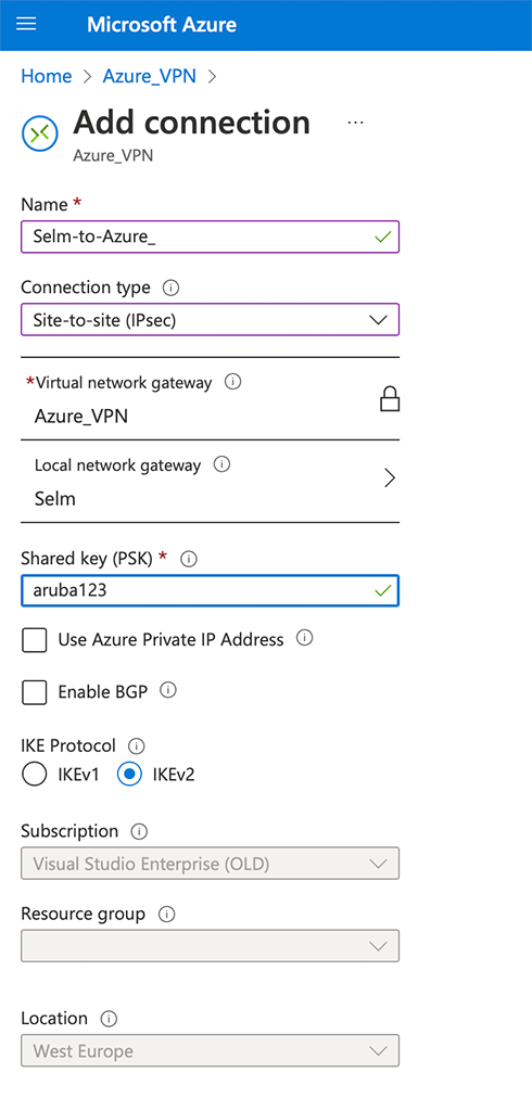 Azure Site to Site VPN - Add Connection