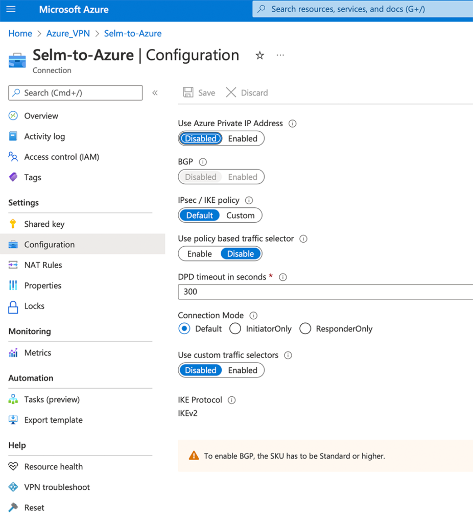 Azure Site to Site VPN - Connection Configuration