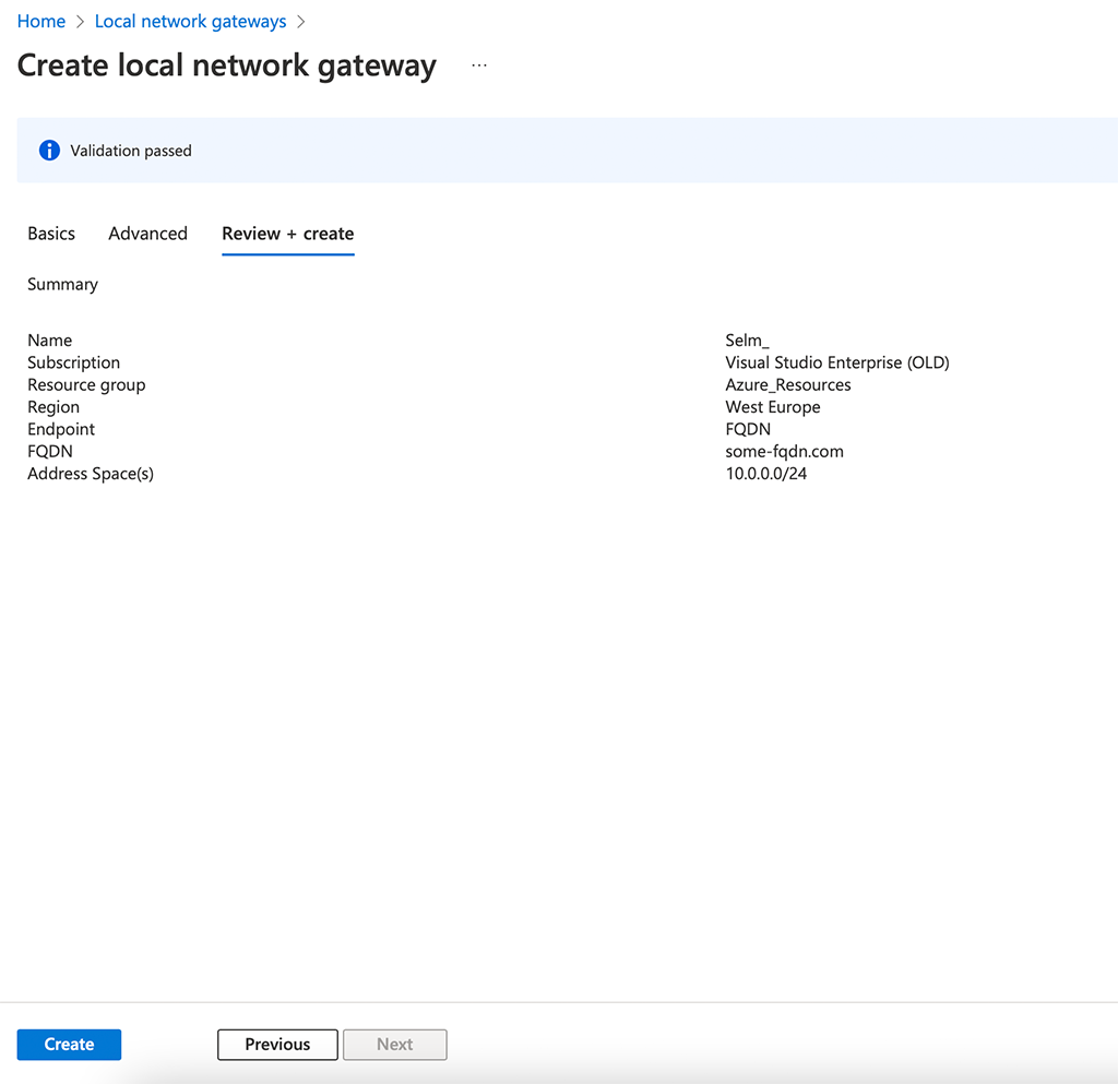 Azure Site to Site VPN - Local Gateway