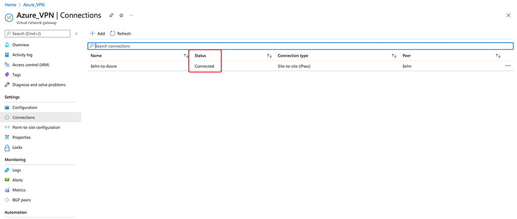 Azure Site to Site VPN - Tunnel Status