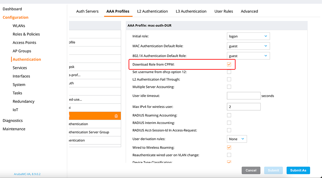 Downloadable User Role - Create a AAA Profile with DUR enabled