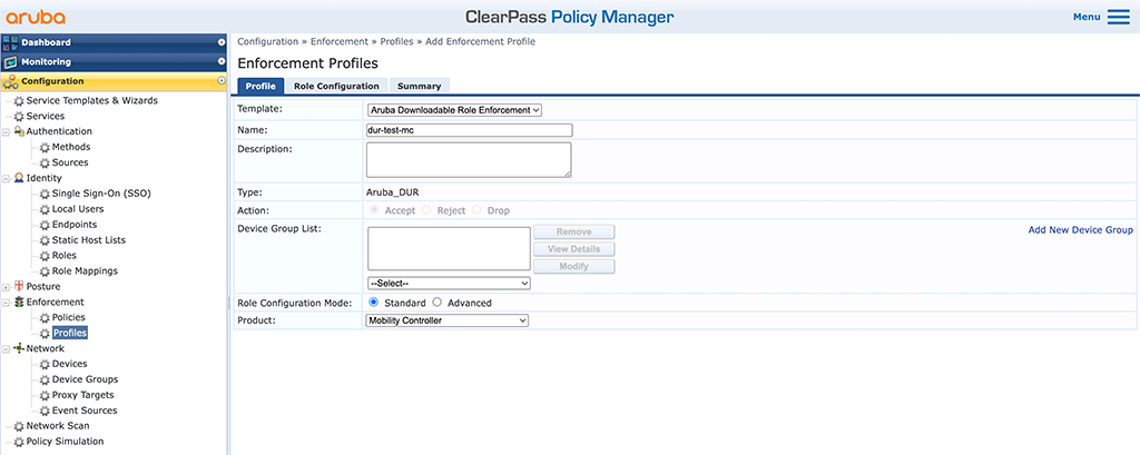 Downloadable User Roles - Add DUR Enforcement Profile for an Aruba Controller