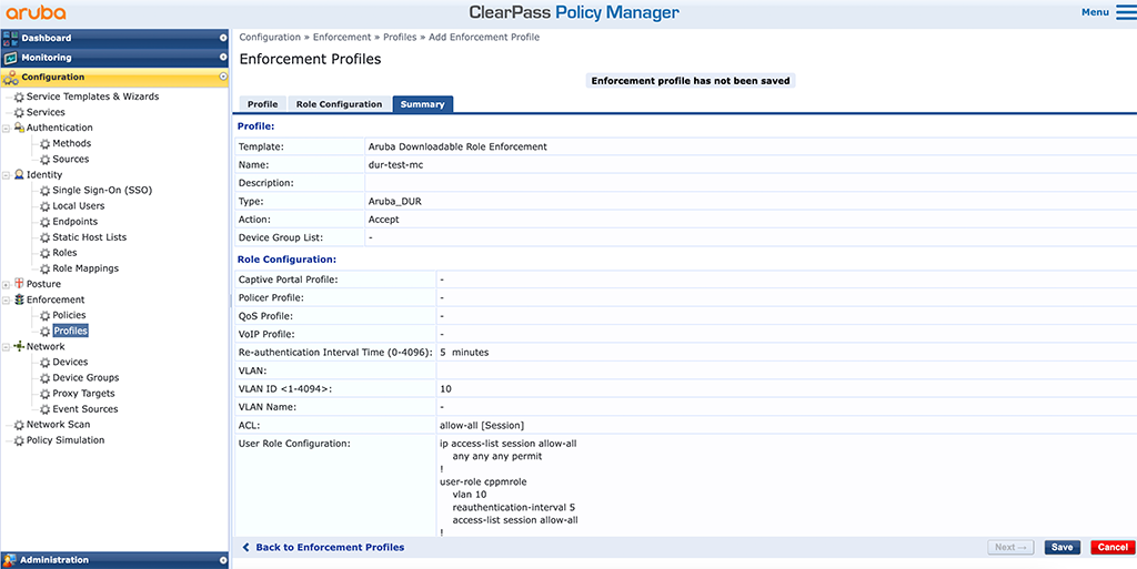 Downloadable User Roles - Enforcement Profile Summary for Aruba Controller