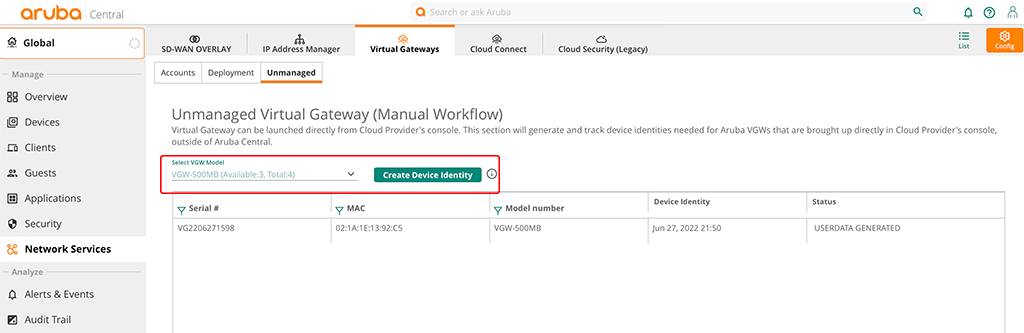 Virtual Gateway - Create Device Identity