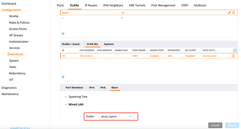 Wired Guest Access - Assign AAA Profile to VLAN