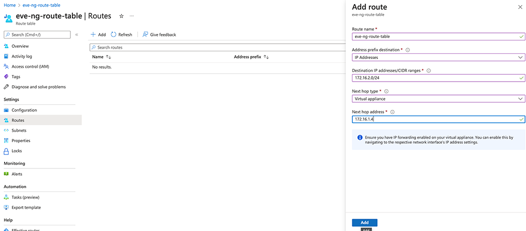 Azure Routing - Add Route