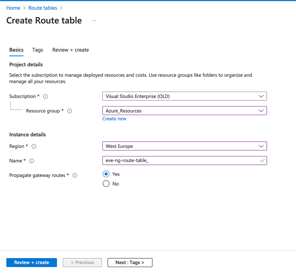 Azure Routing - Create Route Table