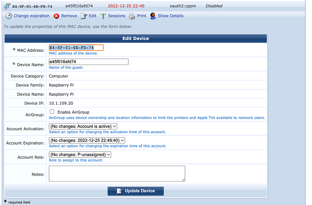 Added Device in the Guest Device DB using ClearPass RestAPI