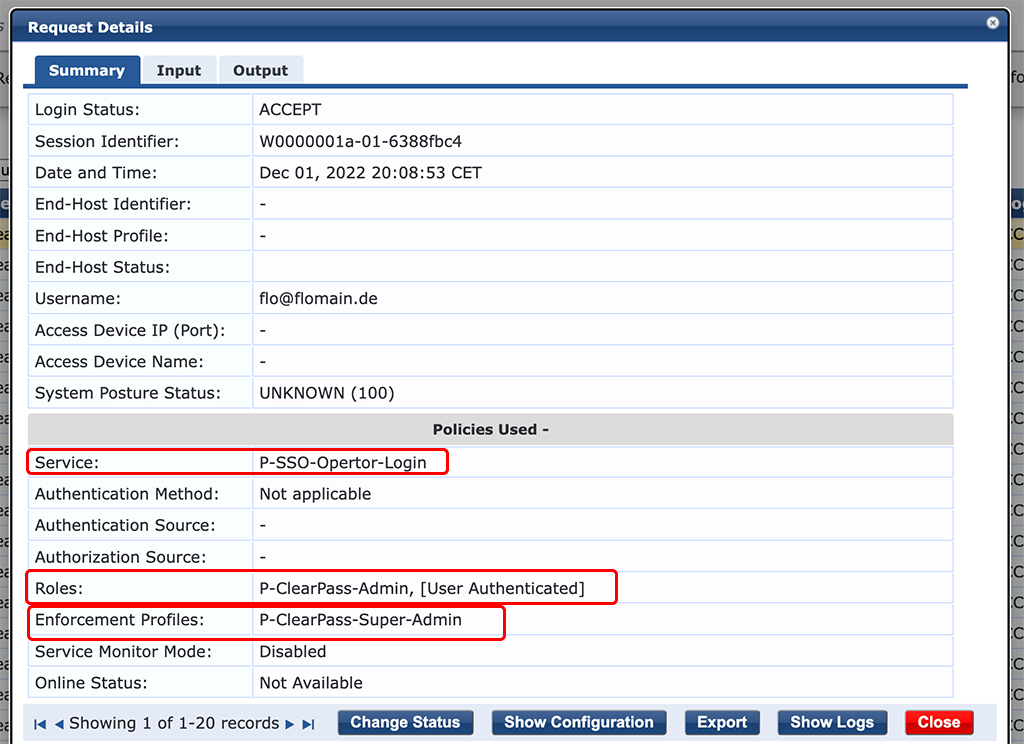 ClearPass SSO with Google Workspace - Access Tracker Summary