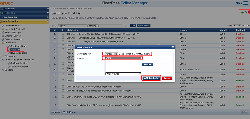 ClearPass SSO with Google Workspace - Add Certificate to Trust List