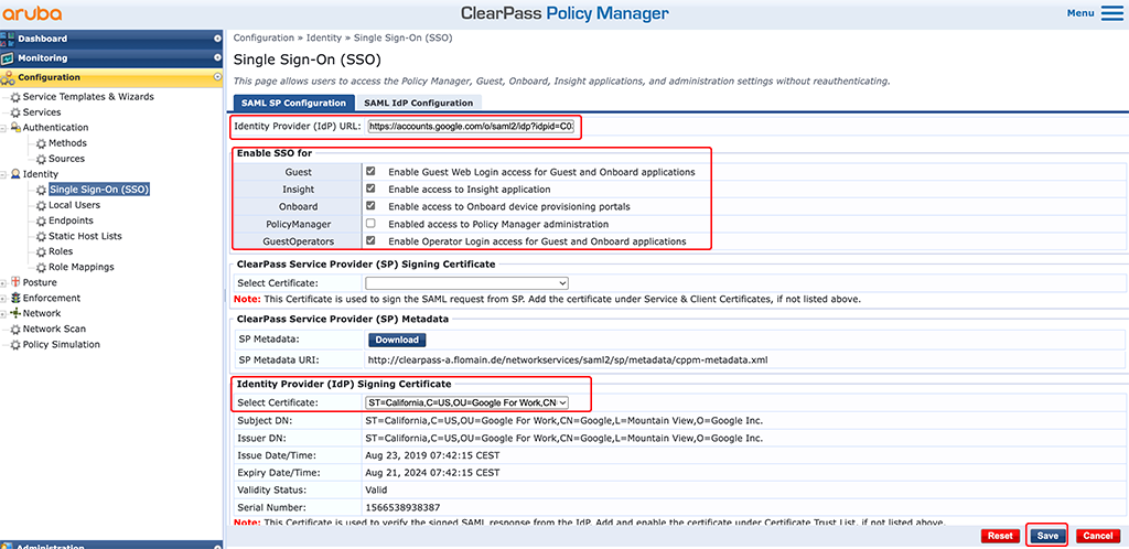 ClearPass SSO with Google Workspace - Add IdP to ClearPass and Enable SSO for Modules
