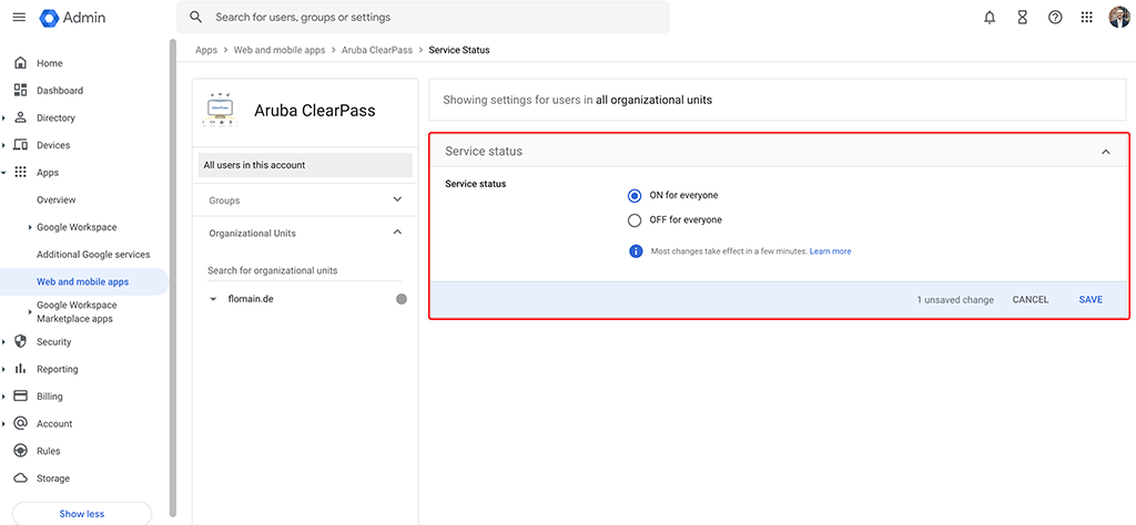 ClearPass SSO with Google Workspace - Enable App for Accounts
