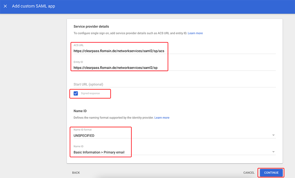 ClearPass SSO with Google Workspace - Enter ACS URL and Entity ID