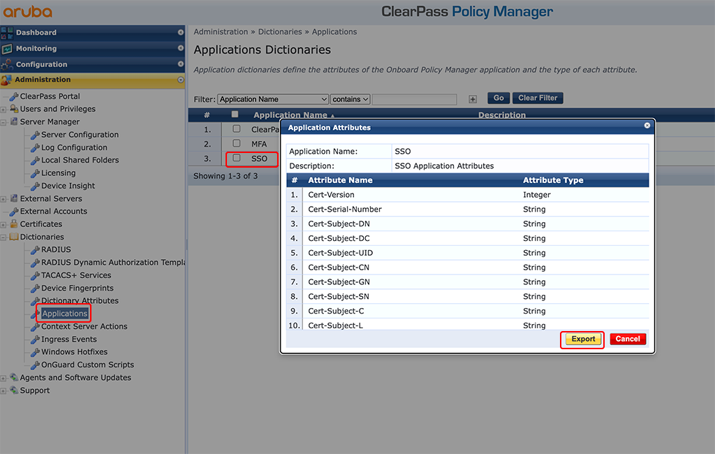 ClearPass SSO with Google Workspace - Export SSO Dictionary