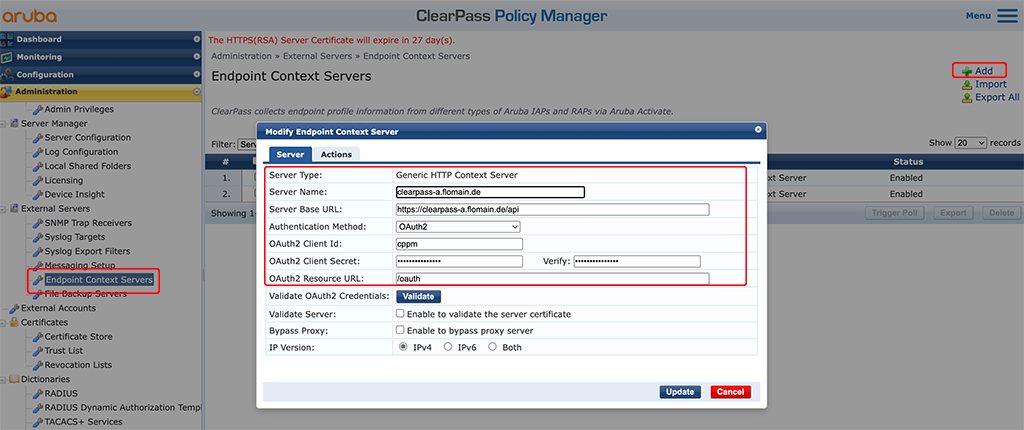Create ClearPass Context Server