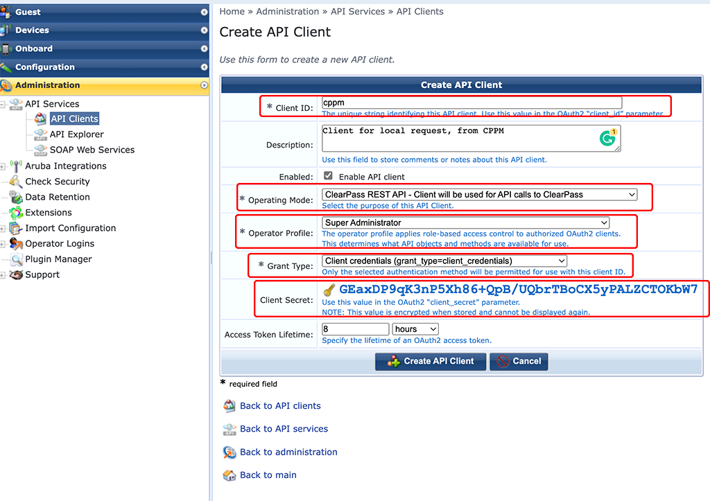 Create ClearPass RestAPI Client