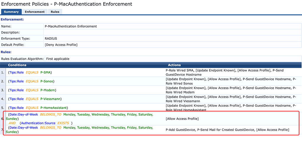 Enforcement Policy with default rules to create new Device in the Guest Device DB