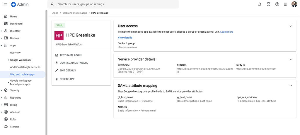 Add SAML App for HPE Greenlake SSO - App Summary