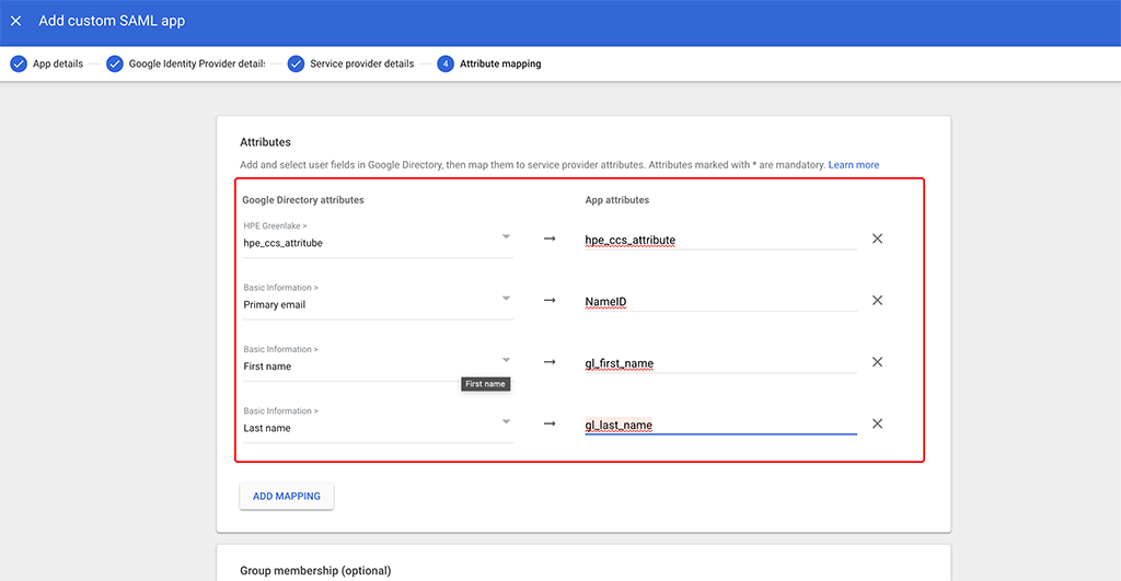 Add SAML App for HPE Greenlake SSO - Attribute Mapping