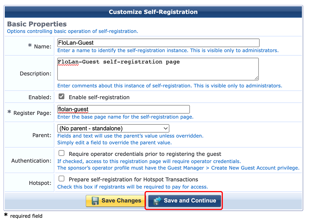 ClearPass - Create Self-Registration Page Step 1