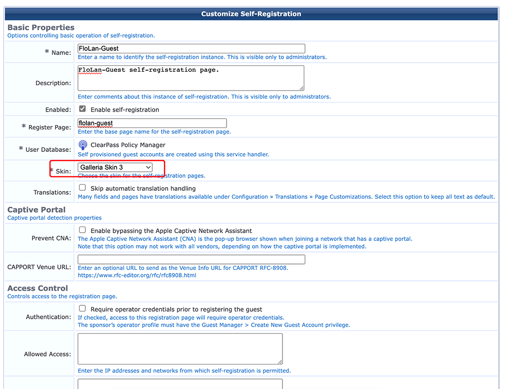 ClearPass - Create Self-Registration Page Step 2