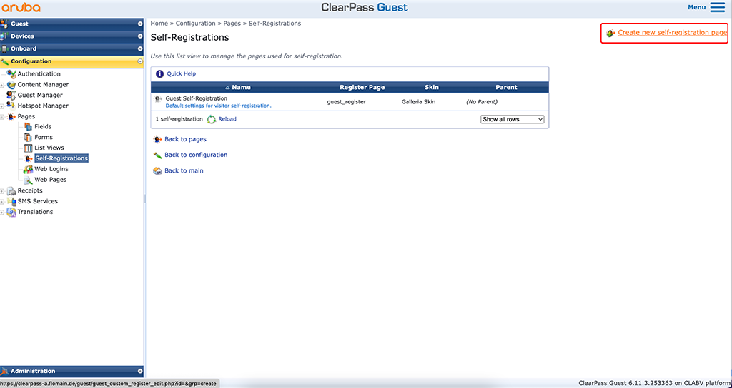 ClearPass - Create Self-Registration Page