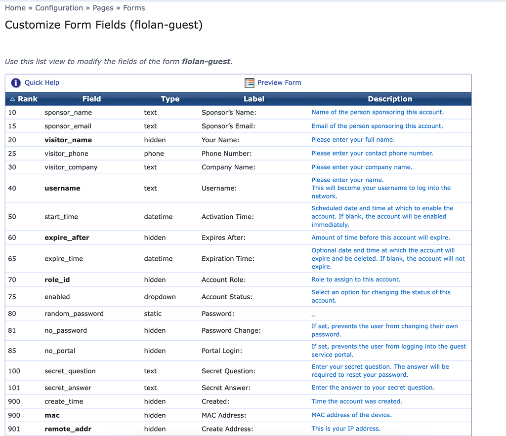 ClearPass Registration Form