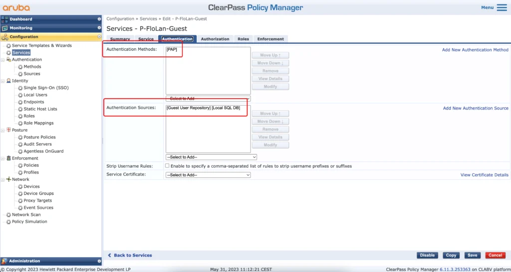 ClearPass Captive Portal Service Authentication