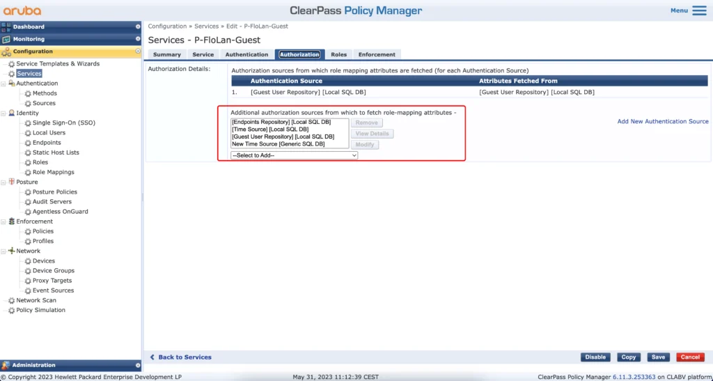 ClearPass Captive Portal Service Authorization