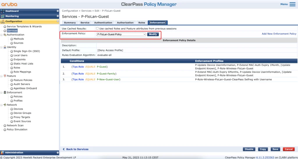 ClearPass Captive Portal Service Enforcement