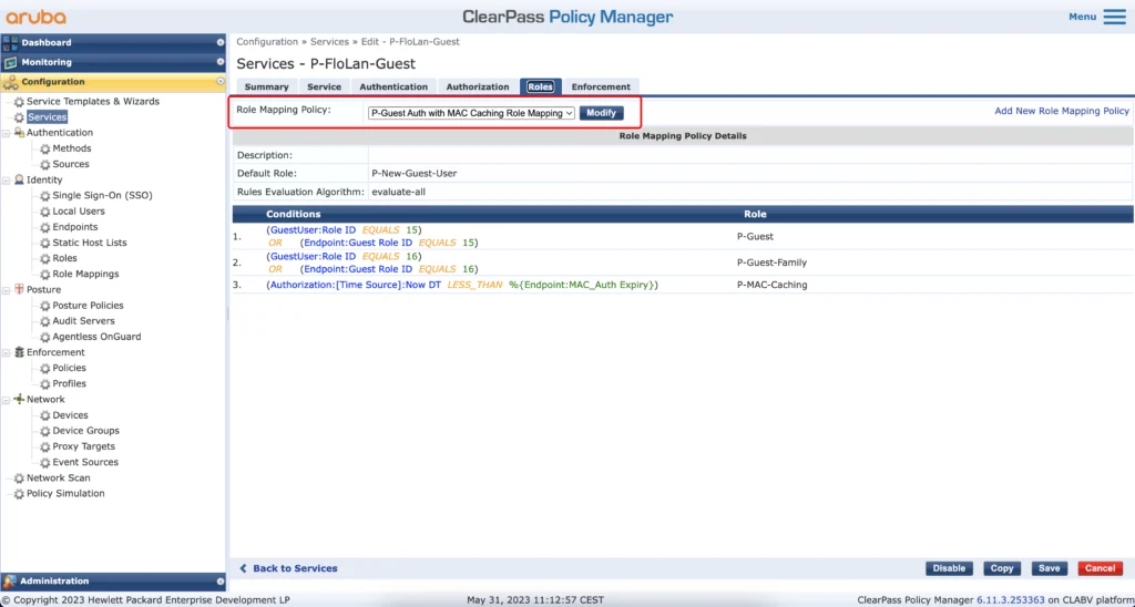 ClearPass Captive Portal Service Roles