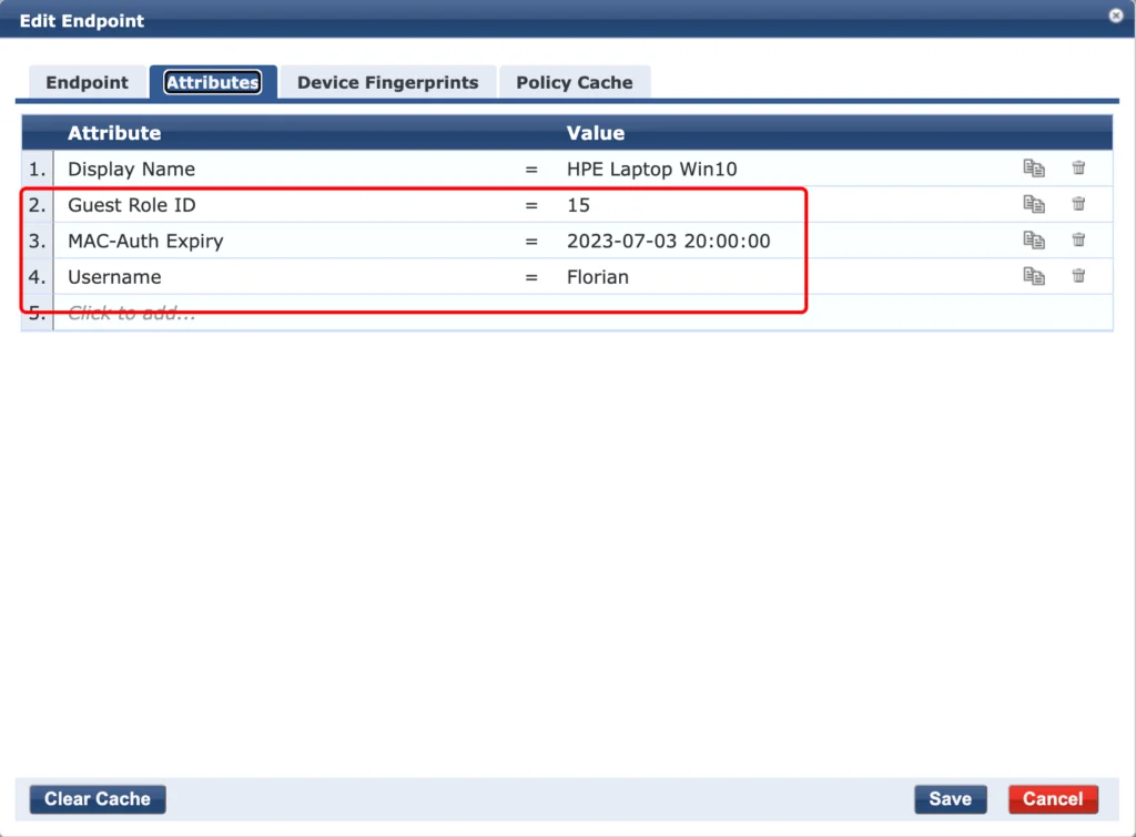 ClearPass Endpoint Attributes