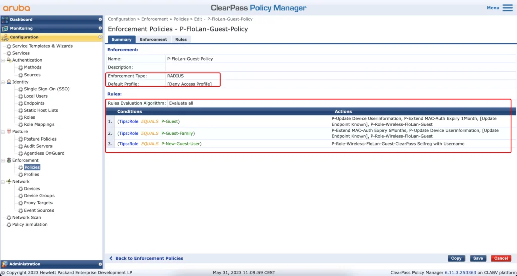 ClearPass Enforcement Policy for Username Only Guest Access