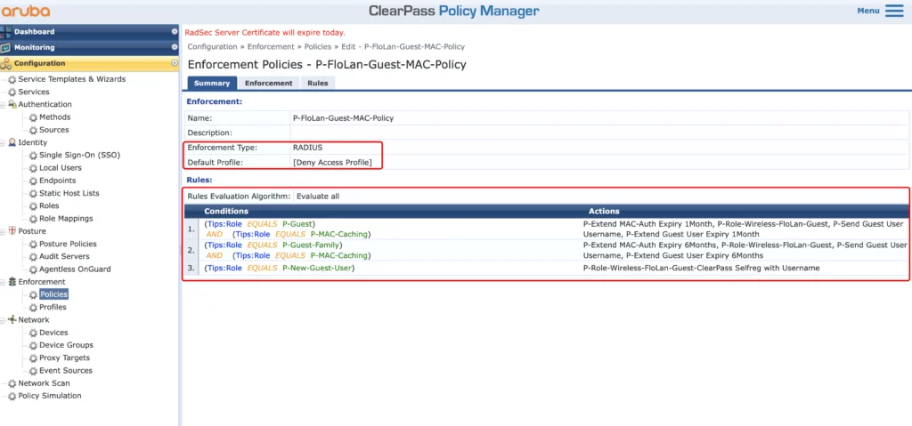 ClearPass Enforcement Policy for Username Only Guest MAC Auth Access