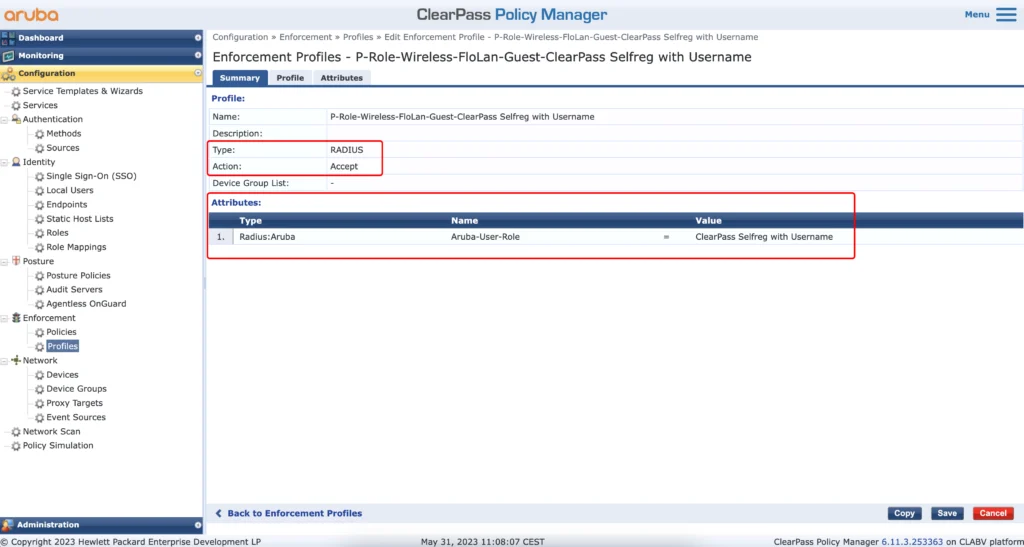 ClearPass Enforcement Profile for the Captive Portal Role