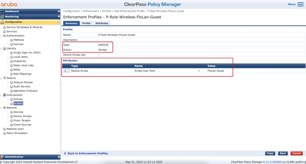 ClearPass Enforcement Profile for the Guest Role