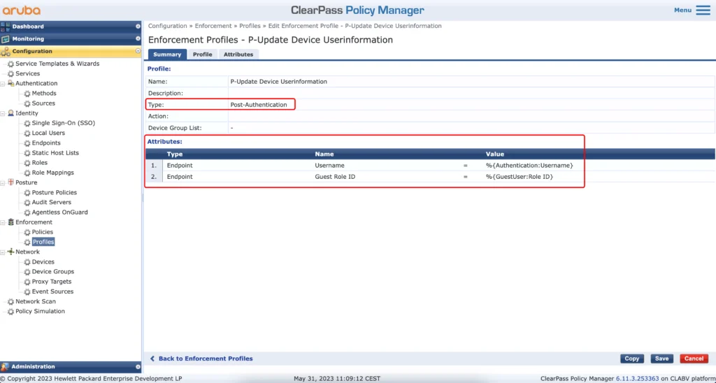 ClearPass Enforcement Profile to Update Endpoint