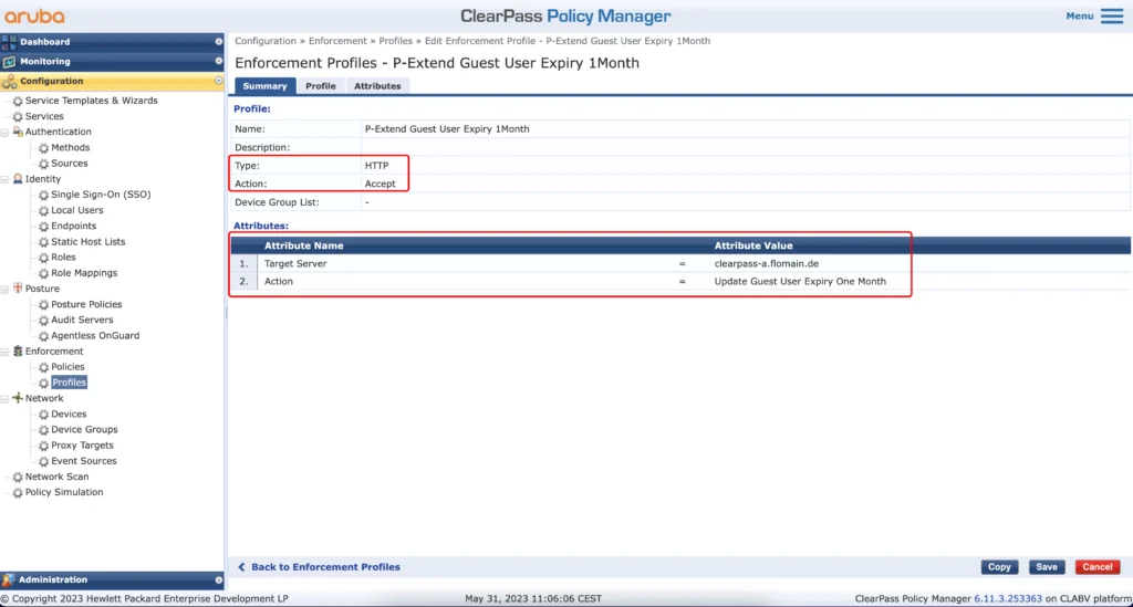 ClearPass Enforcement Profile to extend Guest Lifetime