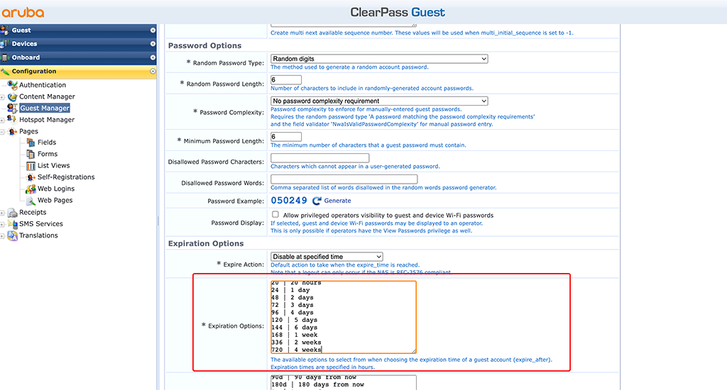 ClearPass - Guest Manager Expiration Options