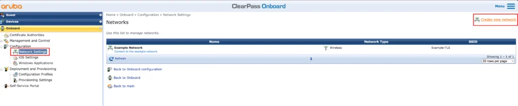 ClearPass Onboard - Create new Network Settings
