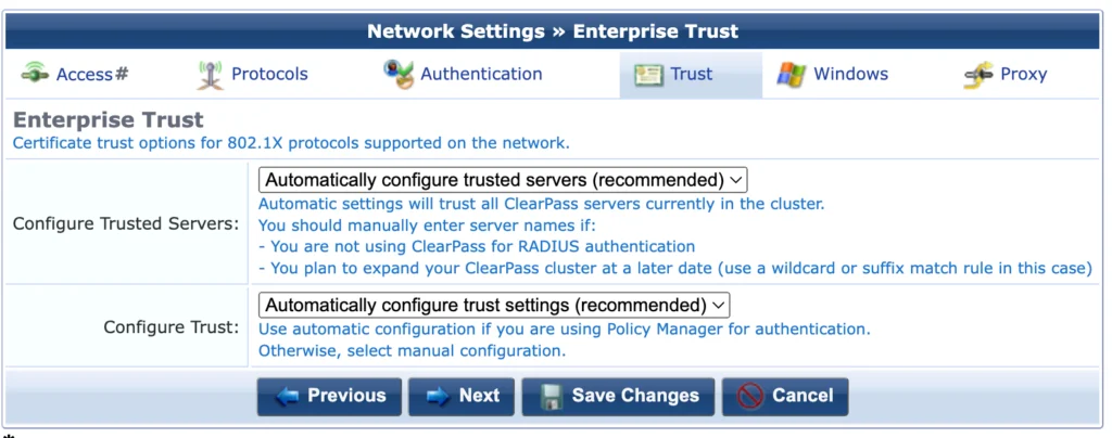 ClearPass Onboard - Network Settings Trust