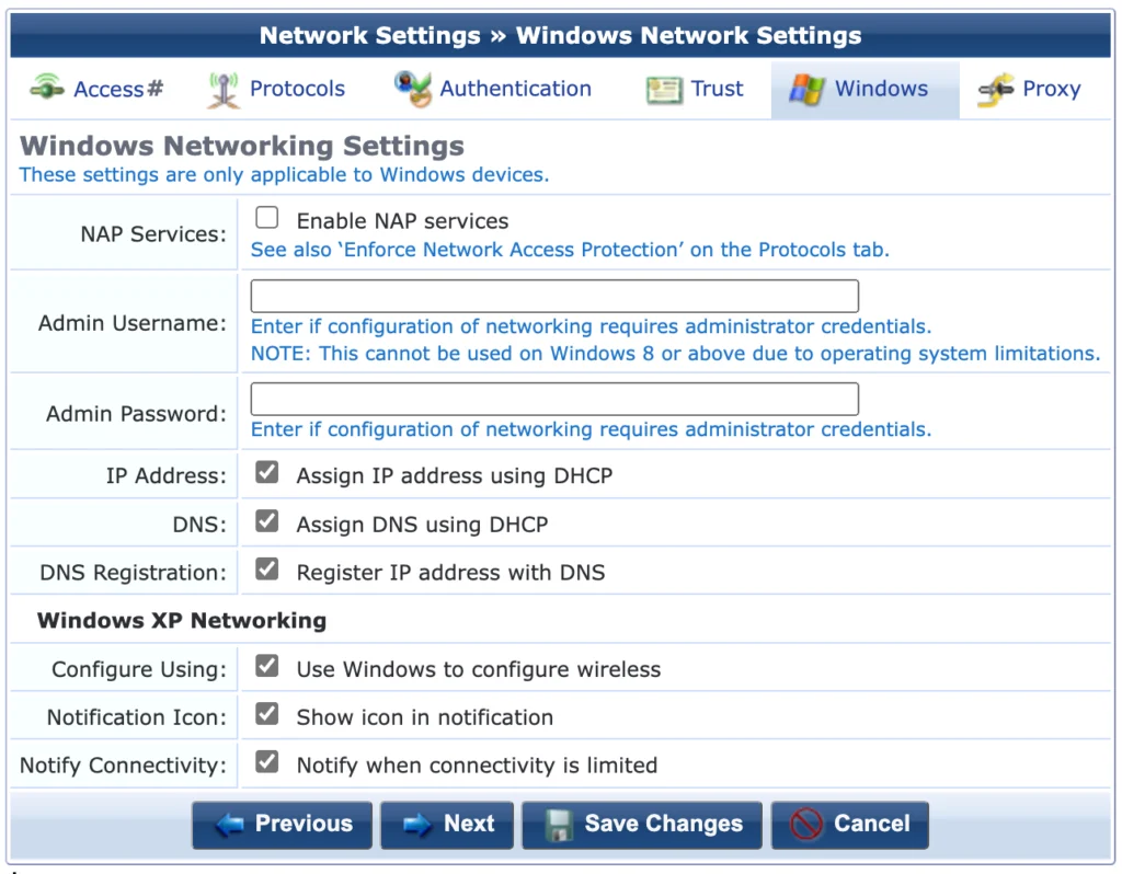 ClearPass Onboard - Network Settings Windows