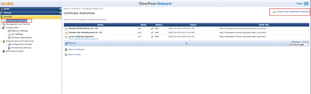 ClearPass Onboard - Create new Certificate Authority