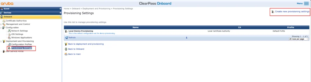 ClearPass Onboard - Create new Provisioning Settings