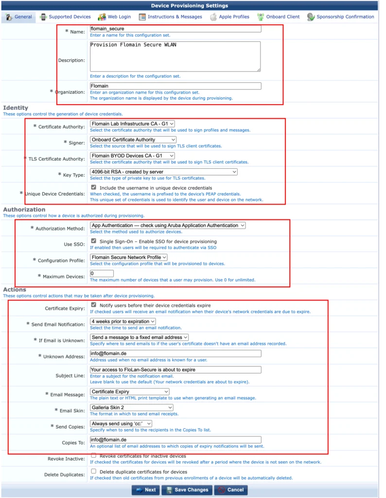 ClearPass Onboard - Provisioning Settings General