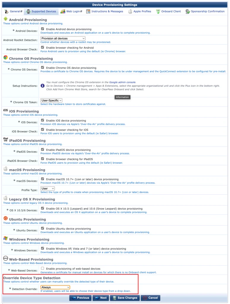 ClearPass Onboard - Provisioning Settings Supported Devices