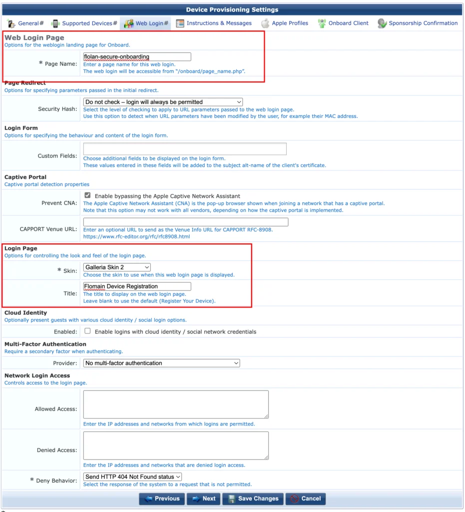 ClearPass Onboard - Provisioning Settings Web Login