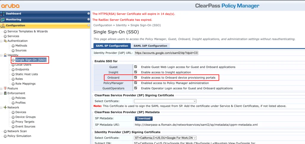 ClearPass SSO - Onboard