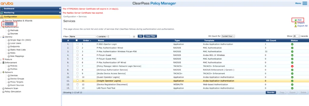 ClearPass - Add Services