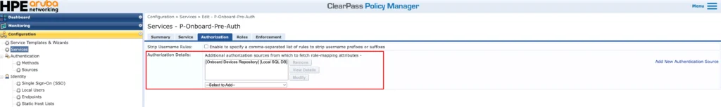 ClearPass - PreAuth Service Authorization